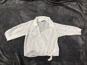 Zara White Striped Wrap Collared 3/4 Sleeve Tie Blouse Women's Size L